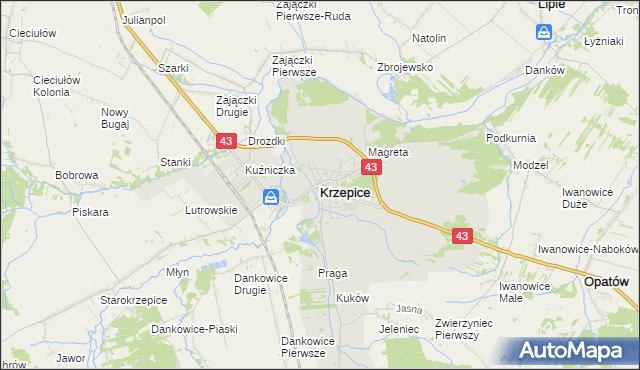 mapa Krzepice powiat kłobucki, Krzepice powiat kłobucki na mapie Targeo