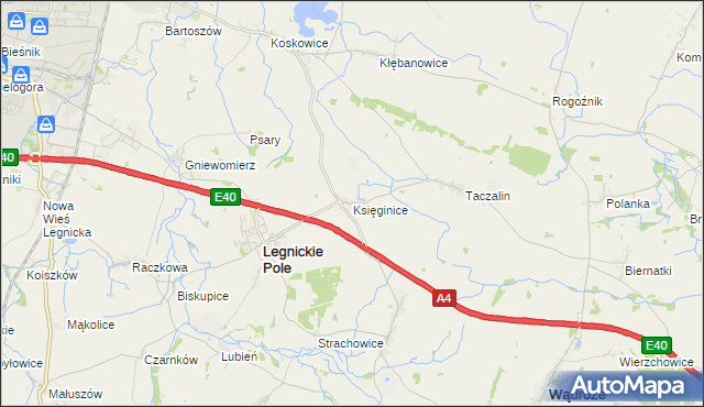 mapa Księginice gmina Legnickie Pole, Księginice gmina Legnickie Pole na mapie Targeo