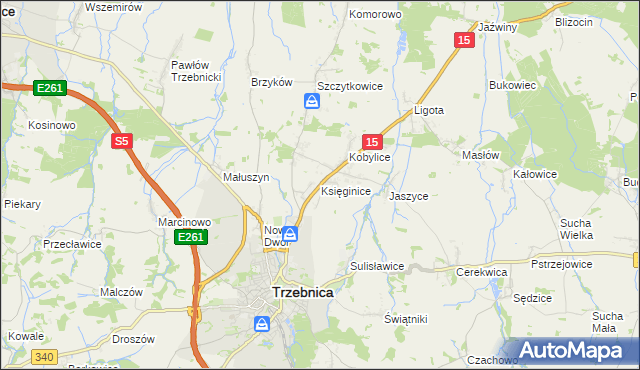 mapa Księginice gmina Trzebnica, Księginice gmina Trzebnica na mapie Targeo