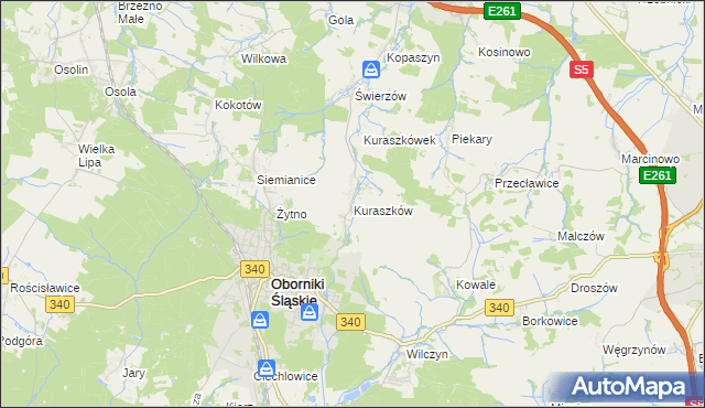 mapa Kuraszków gmina Oborniki Śląskie, Kuraszków gmina Oborniki Śląskie na mapie Targeo