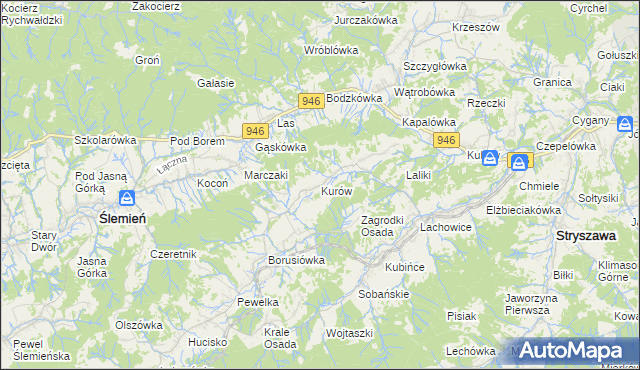 mapa Kurów gmina Stryszawa, Kurów gmina Stryszawa na mapie Targeo