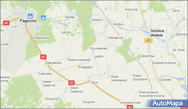 mapa Ładzin gmina Pajęczno, Ładzin gmina Pajęczno na mapie Targeo