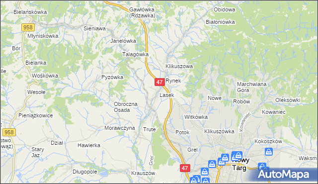 mapa Lasek gmina Nowy Targ, Lasek gmina Nowy Targ na mapie Targeo