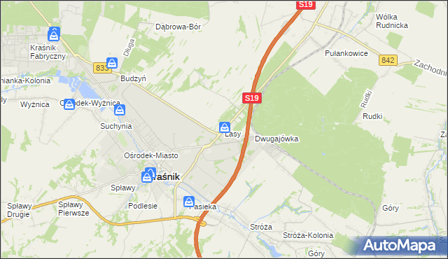 mapa Lasy gmina Kraśnik, Lasy gmina Kraśnik na mapie Targeo
