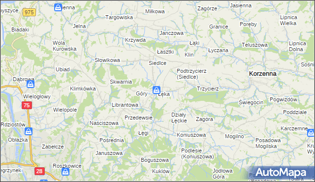 mapa Łęka gmina Korzenna, Łęka gmina Korzenna na mapie Targeo
