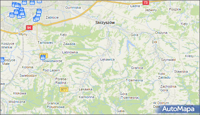 mapa Łękawica gmina Skrzyszów, Łękawica gmina Skrzyszów na mapie Targeo