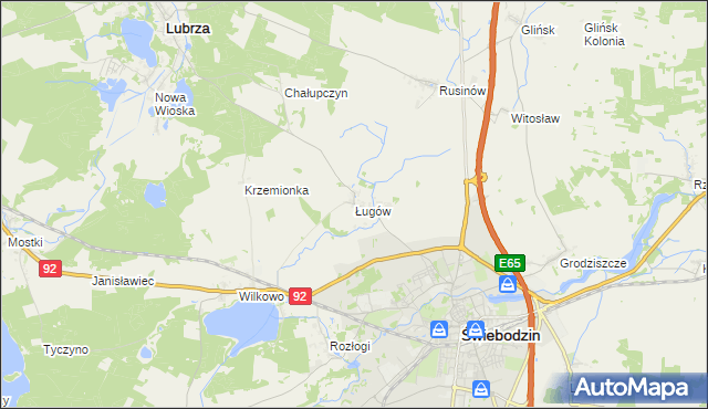 mapa Ługów gmina Świebodzin, Ługów gmina Świebodzin na mapie Targeo