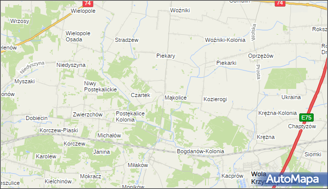 mapa Mąkolice gmina Wola Krzysztoporska, Mąkolice gmina Wola Krzysztoporska na mapie Targeo