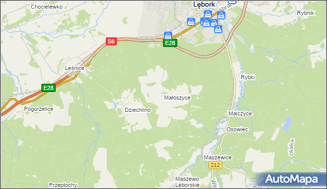 mapa Małoszyce gmina Nowa Wieś Lęborska, Małoszyce gmina Nowa Wieś Lęborska na mapie Targeo
