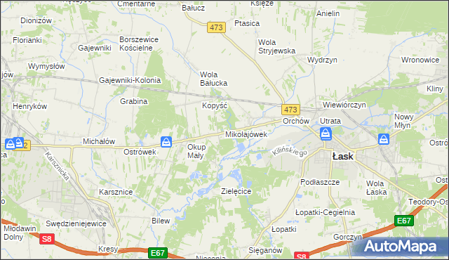 mapa Mikołajówek gmina Łask, Mikołajówek gmina Łask na mapie Targeo