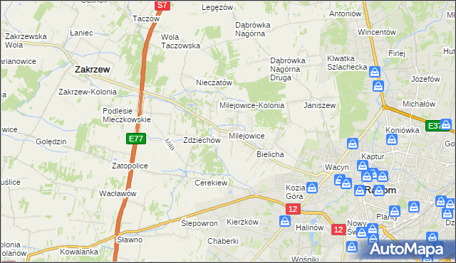 mapa Milejowice gmina Zakrzew, Milejowice gmina Zakrzew na mapie Targeo