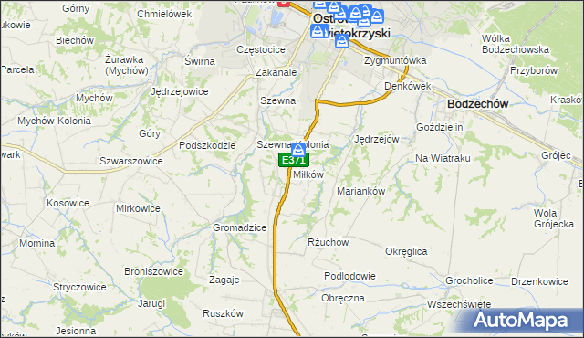 mapa Miłków gmina Bodzechów, Miłków gmina Bodzechów na mapie Targeo