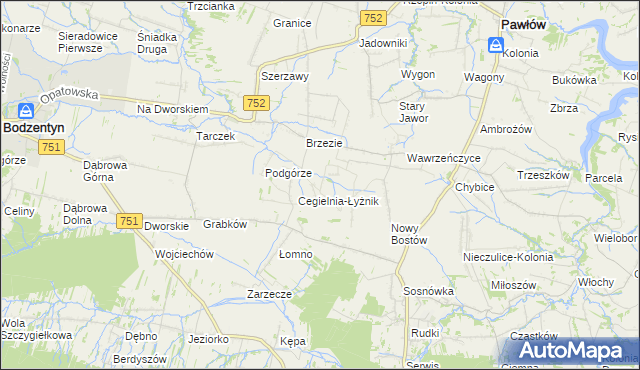 mapa Modrzewie gmina Pawłów, Modrzewie gmina Pawłów na mapie Targeo