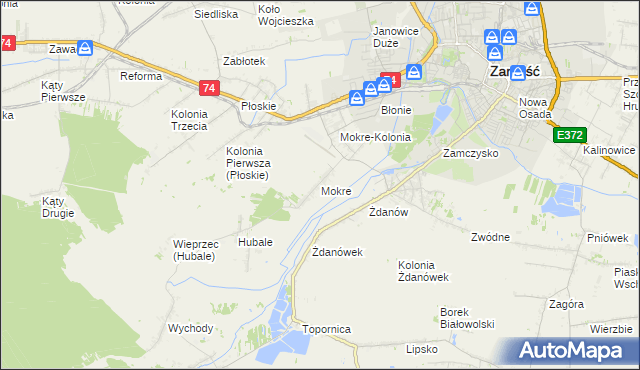 mapa Mokre gmina Zamość, Mokre gmina Zamość na mapie Targeo