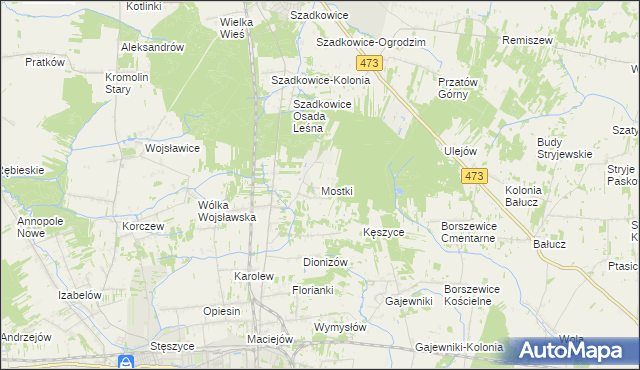 mapa Mostki gmina Zduńska Wola, Mostki gmina Zduńska Wola na mapie Targeo