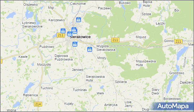 mapa Mrozy gmina Sierakowice, Mrozy gmina Sierakowice na mapie Targeo