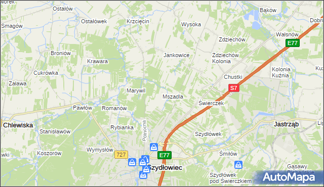 mapa Mszadla gmina Szydłowiec, Mszadla gmina Szydłowiec na mapie Targeo