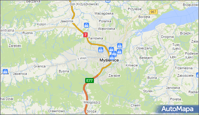 mapa Myślenice, Myślenice na mapie Targeo
