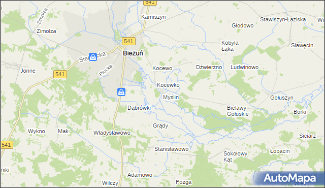 mapa Myślin, Myślin na mapie Targeo