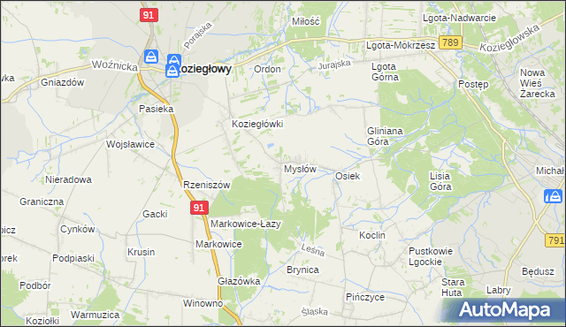 mapa Mysłów gmina Koziegłowy, Mysłów gmina Koziegłowy na mapie Targeo