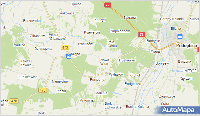 mapa Nowa Wieś gmina Poddębice, Nowa Wieś gmina Poddębice na mapie Targeo