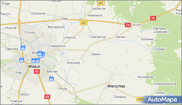 mapa Olewin gmina Wieluń, Olewin gmina Wieluń na mapie Targeo