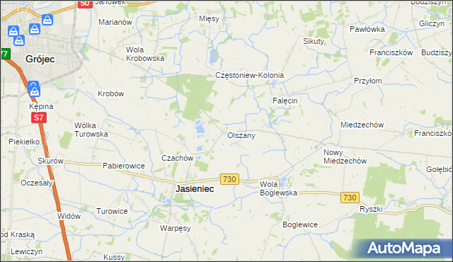 mapa Olszany gmina Jasieniec, Olszany gmina Jasieniec na mapie Targeo