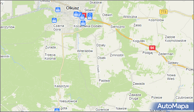 mapa Osiek gmina Olkusz, Osiek gmina Olkusz na mapie Targeo