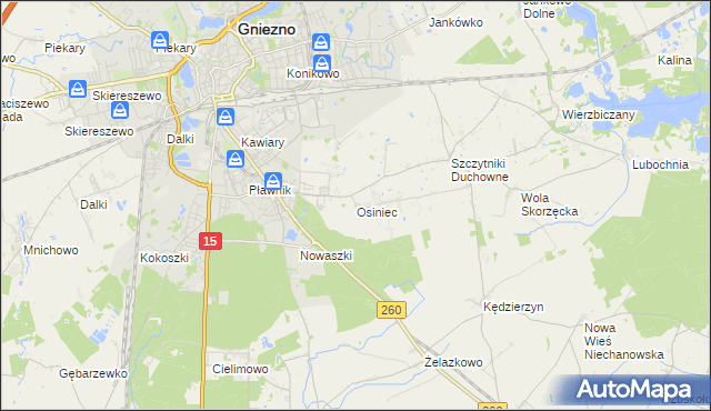 mapa Osiniec gmina Gniezno, Osiniec gmina Gniezno na mapie Targeo