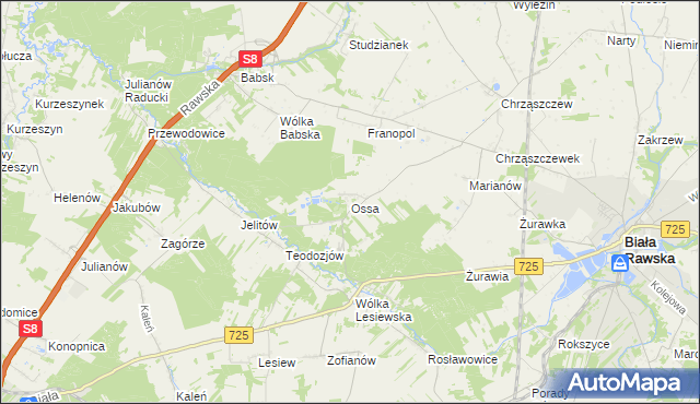mapa Ossa gmina Biała Rawska, Ossa gmina Biała Rawska na mapie Targeo