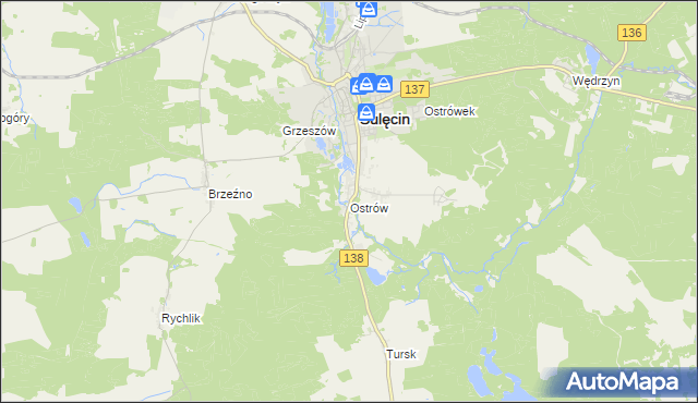 mapa Ostrów gmina Sulęcin, Ostrów gmina Sulęcin na mapie Targeo