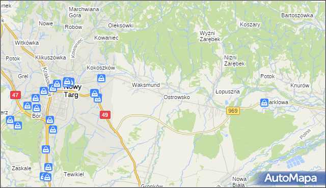 mapa Ostrowsko gmina Nowy Targ, Ostrowsko gmina Nowy Targ na mapie Targeo