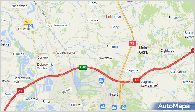 mapa Pawęzów gmina Lisia Góra, Pawęzów gmina Lisia Góra na mapie Targeo