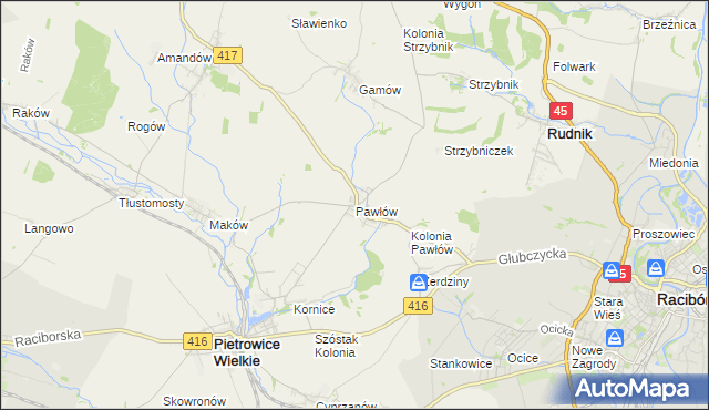mapa Pawłów gmina Pietrowice Wielkie, Pawłów gmina Pietrowice Wielkie na mapie Targeo