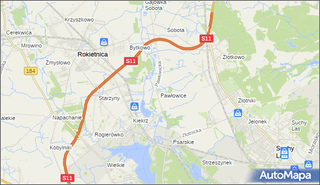 mapa Pawłowice gmina Rokietnica, Pawłowice gmina Rokietnica na mapie Targeo