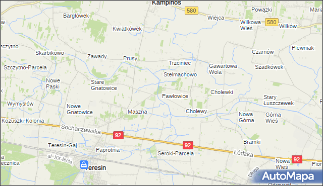 mapa Pawłowice gmina Teresin, Pawłowice gmina Teresin na mapie Targeo