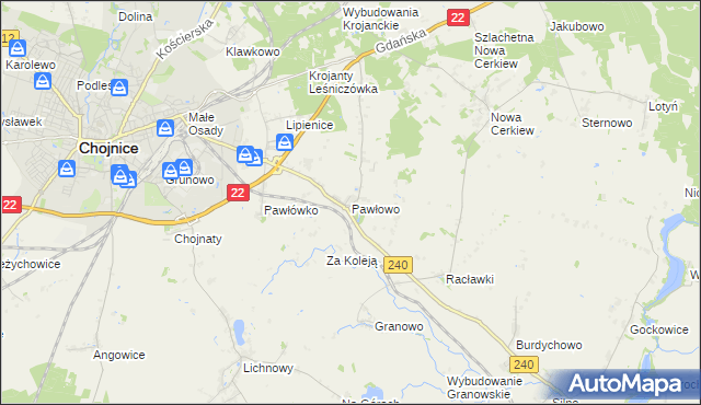 mapa Pawłowo gmina Chojnice, Pawłowo gmina Chojnice na mapie Targeo