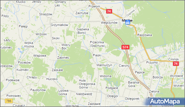 mapa Piaski gmina Mniów, Piaski gmina Mniów na mapie Targeo