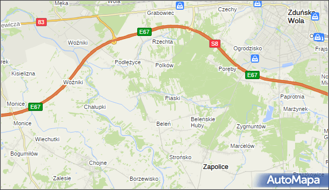 mapa Piaski gmina Zduńska Wola, Piaski gmina Zduńska Wola na mapie Targeo