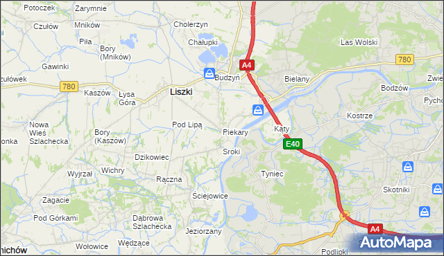 mapa Piekary gmina Liszki, Piekary gmina Liszki na mapie Targeo