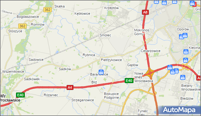 mapa Pietrzykowice gmina Kąty Wrocławskie, Pietrzykowice gmina Kąty Wrocławskie na mapie Targeo