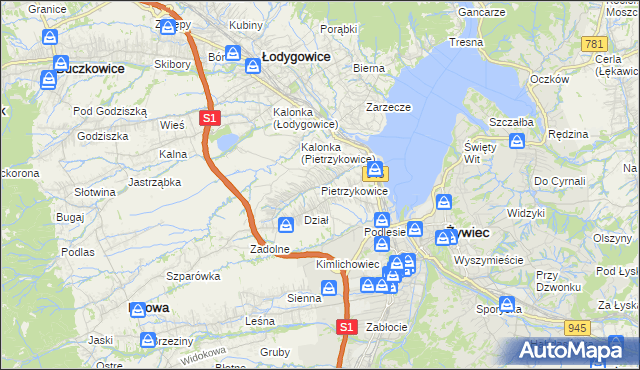 mapa Pietrzykowice gmina Łodygowice, Pietrzykowice gmina Łodygowice na mapie Targeo