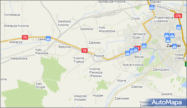 mapa Płoskie gmina Zamość, Płoskie gmina Zamość na mapie Targeo