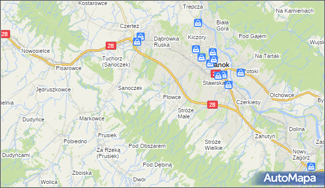 mapa Płowce gmina Sanok, Płowce gmina Sanok na mapie Targeo