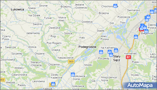 mapa Podegrodzie powiat nowosądecki, Podegrodzie powiat nowosądecki na mapie Targeo