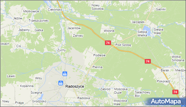 mapa Podlesie gmina Radoszyce, Podlesie gmina Radoszyce na mapie Targeo