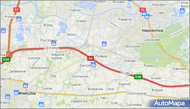 mapa Podłęże gmina Niepołomice, Podłęże gmina Niepołomice na mapie Targeo