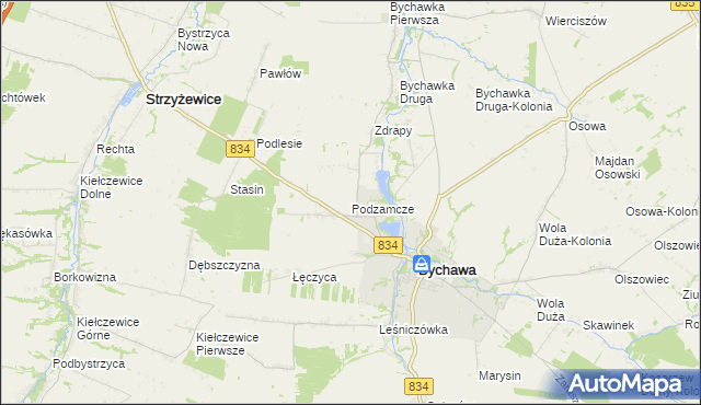 mapa Podzamcze gmina Bychawa, Podzamcze gmina Bychawa na mapie Targeo