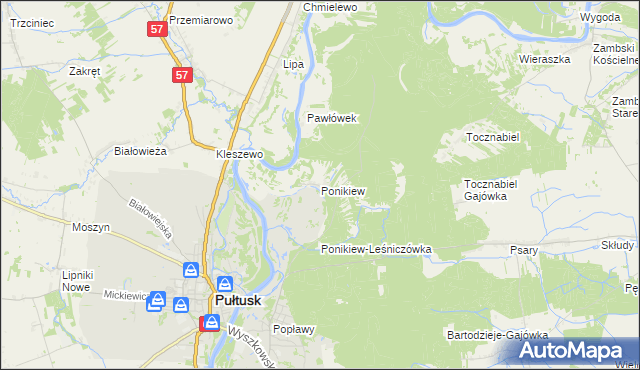 mapa Ponikiew gmina Pułtusk, Ponikiew gmina Pułtusk na mapie Targeo