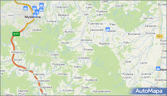 mapa Poręba gmina Myślenice, Poręba gmina Myślenice na mapie Targeo